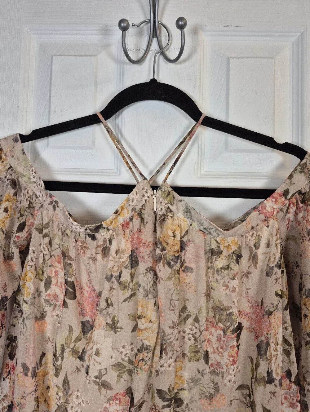 Whimsigoth Romantic Floral Sheer Balloon Sleeve Cold Shoulder Blouse S